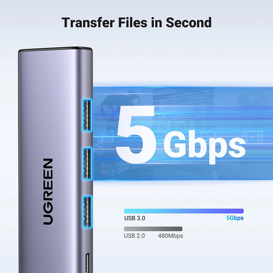 Hub USB-C UGREEN CM511 (15596), 3 x USB-A 3.0 - 1 x USB-C - 1 x HDMI, Сив