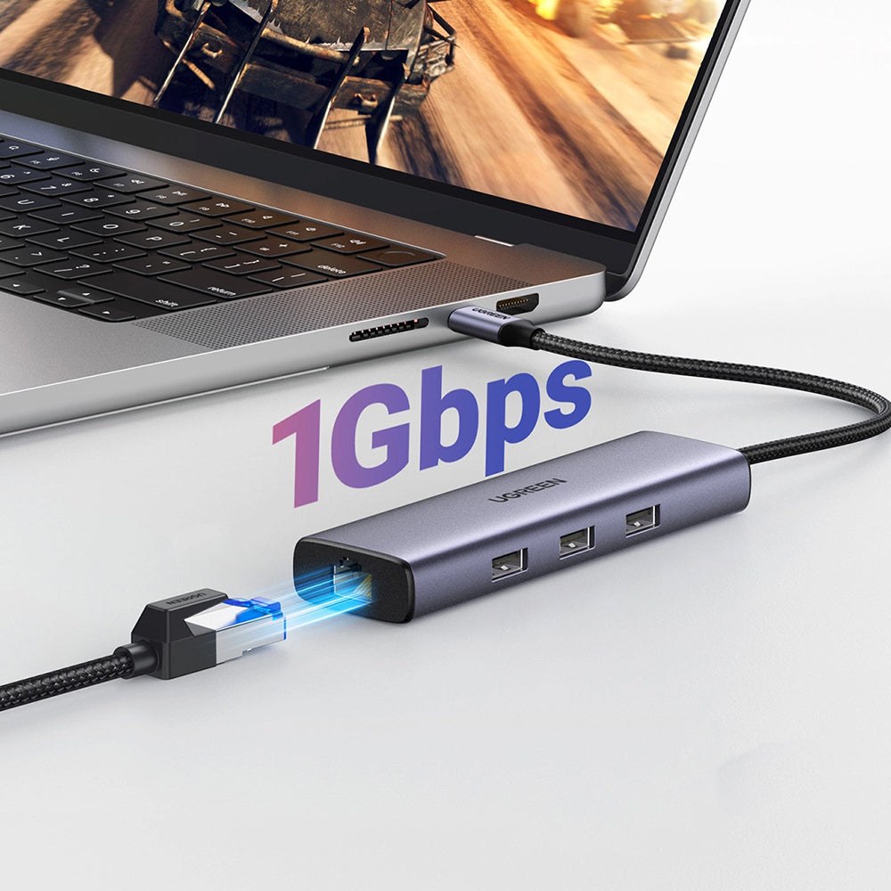 Hub USB-C UGREEN CM512 (15598), 3 x USB-A 3.0 - 1 x USB-C - 1 x HDMI - 1 x RJ45, Сив