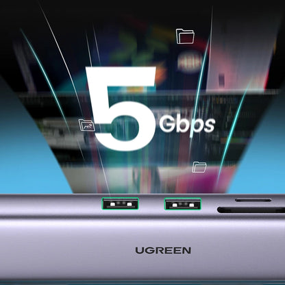 Hub USB-C UGREEN CM512, 2 x USB-A 3.0 - 1 x USB-C - 1 x HDMI - 1 x SD - 1 x microSD - RJ45, Сив