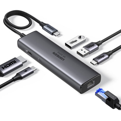 Hub USB-C UGREEN CM512 (45000), 2 x USB-A 3.2 - 2 x USB-C - 1 X HDMI - 1 x RJ45, Сив