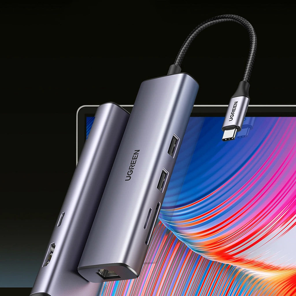 Hub USB-C UGREEN CM512, 2 x USB-A 3.0 - 1 x USB-C - 1 x HDMI - 1 x SD - 1 x microSD - RJ45, Сив