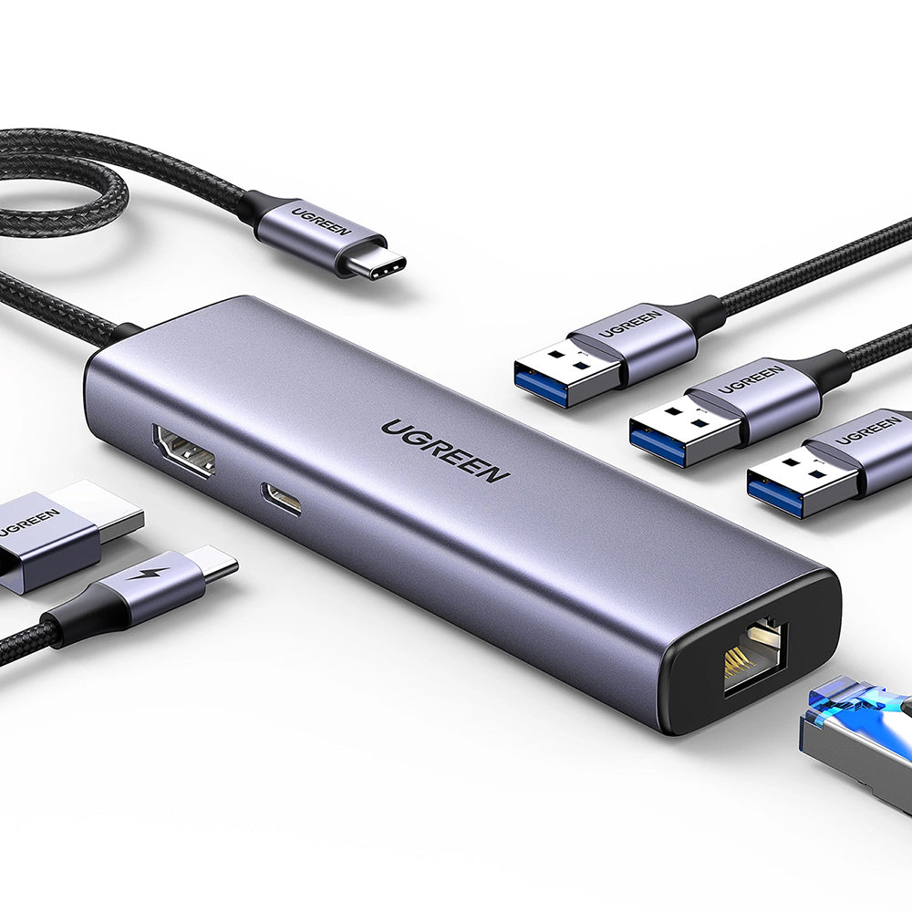 Hub USB-C UGREEN CM512 (15598), 3 x USB-A 3.0 - 1 x USB-C - 1 x HDMI - 1 x RJ45, Сив