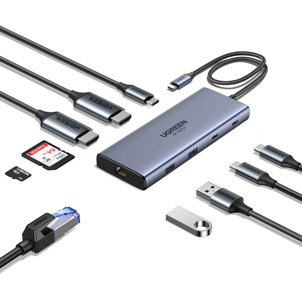 Hub USB-C UGREEN CM639 (45380), 2 x USB-A 3.2 - 3 x USB-C - 2 x HDMI - 1 x RJ45 - 1 x SD - 1 x microSD, Сив