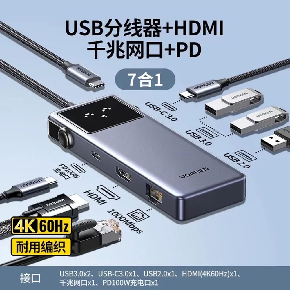 Hub USB-C UGREEN CM888 (45155) Uno, 6в1, Сив