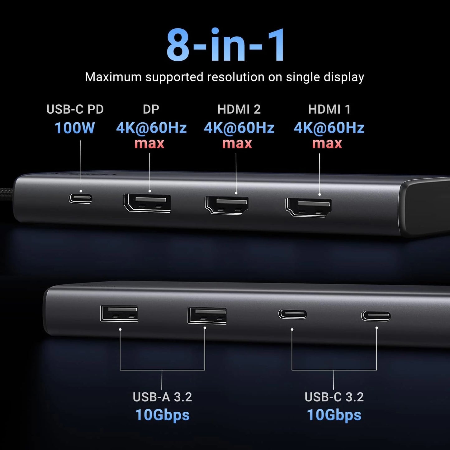 Hub USB-C UGREEN Revodok 308 CM639, 2 x USB-A 3.2 - 3 x USB-C - 1 x Display Port - 2 x HDMI, Сив