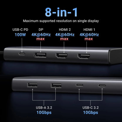 Hub USB-C UGREEN Revodok 308 CM639, 2 x USB-A 3.2 - 3 x USB-C - 1 x Display Port - 2 x HDMI, Сив
