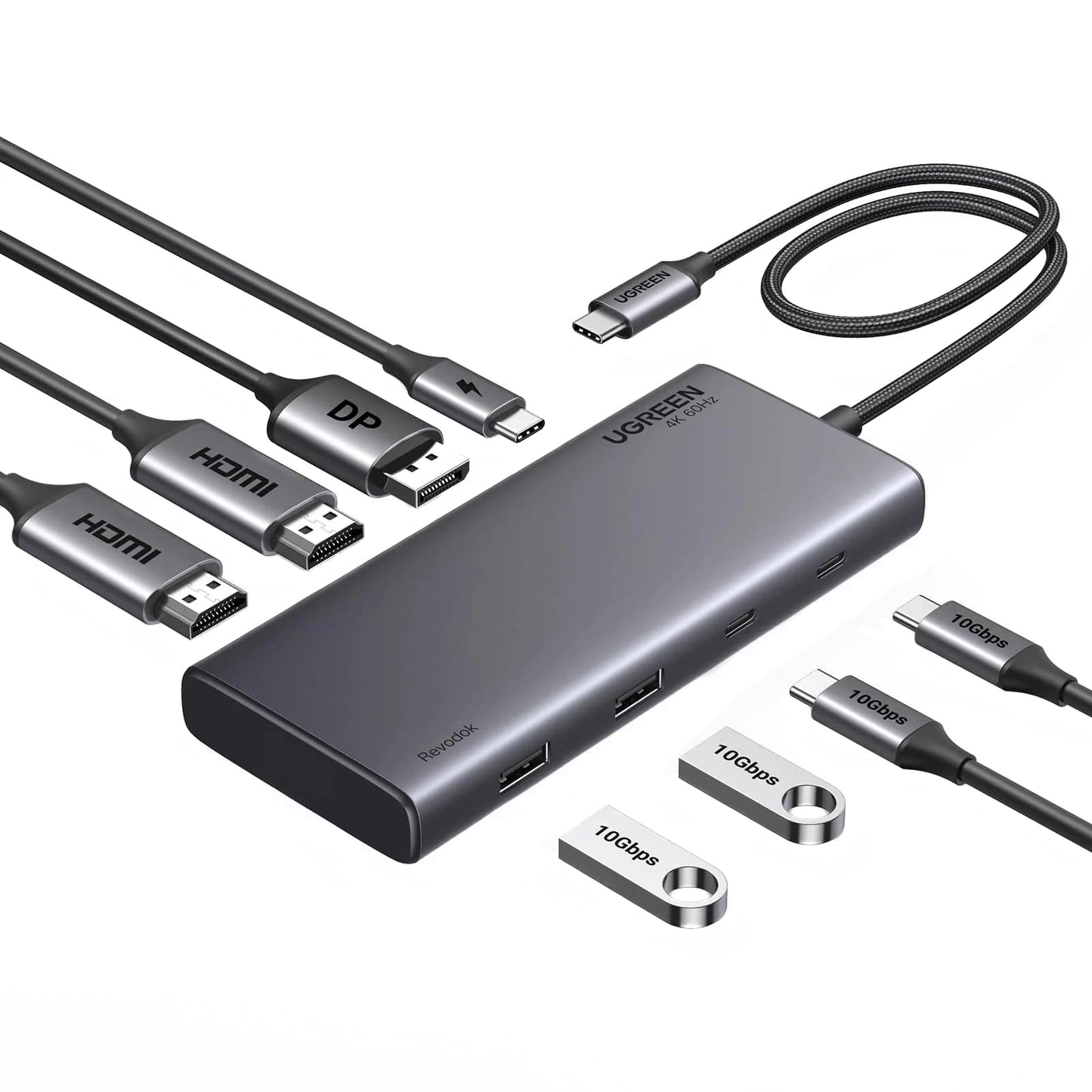 Hub USB-C UGREEN Revodok 308 CM639, 2 x USB-A 3.2 - 3 x USB-C - 1 x Display Port - 2 x HDMI, Сив