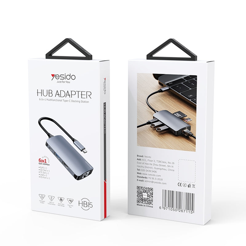 Hub USB-C Yesido HB15, 6в1, Сив