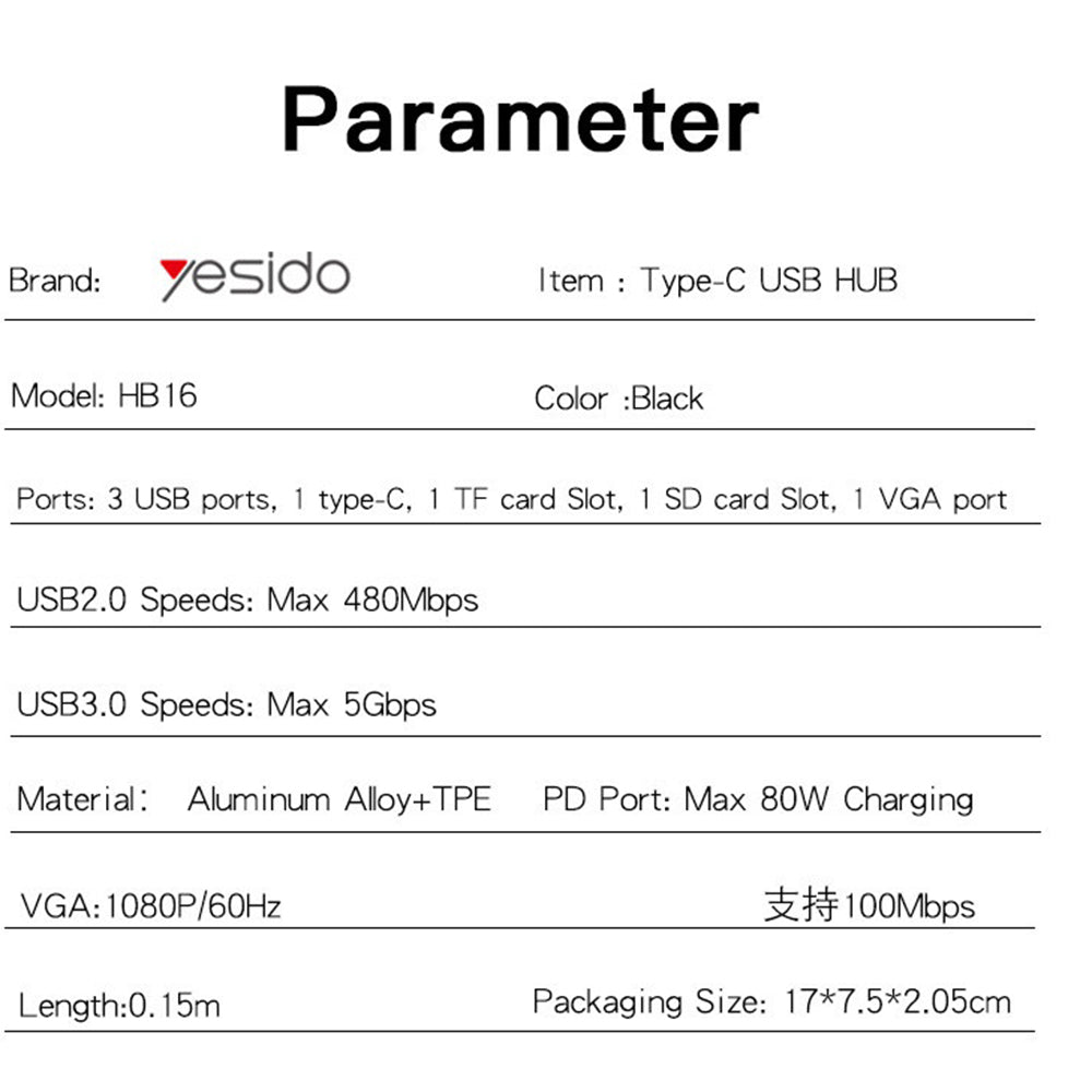 USB-C хъб Yesido HB16, 7в1, Сив