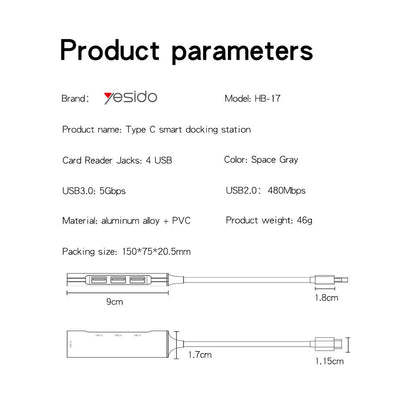 Hub USB-C Yesido HB17, 4в1, Сив