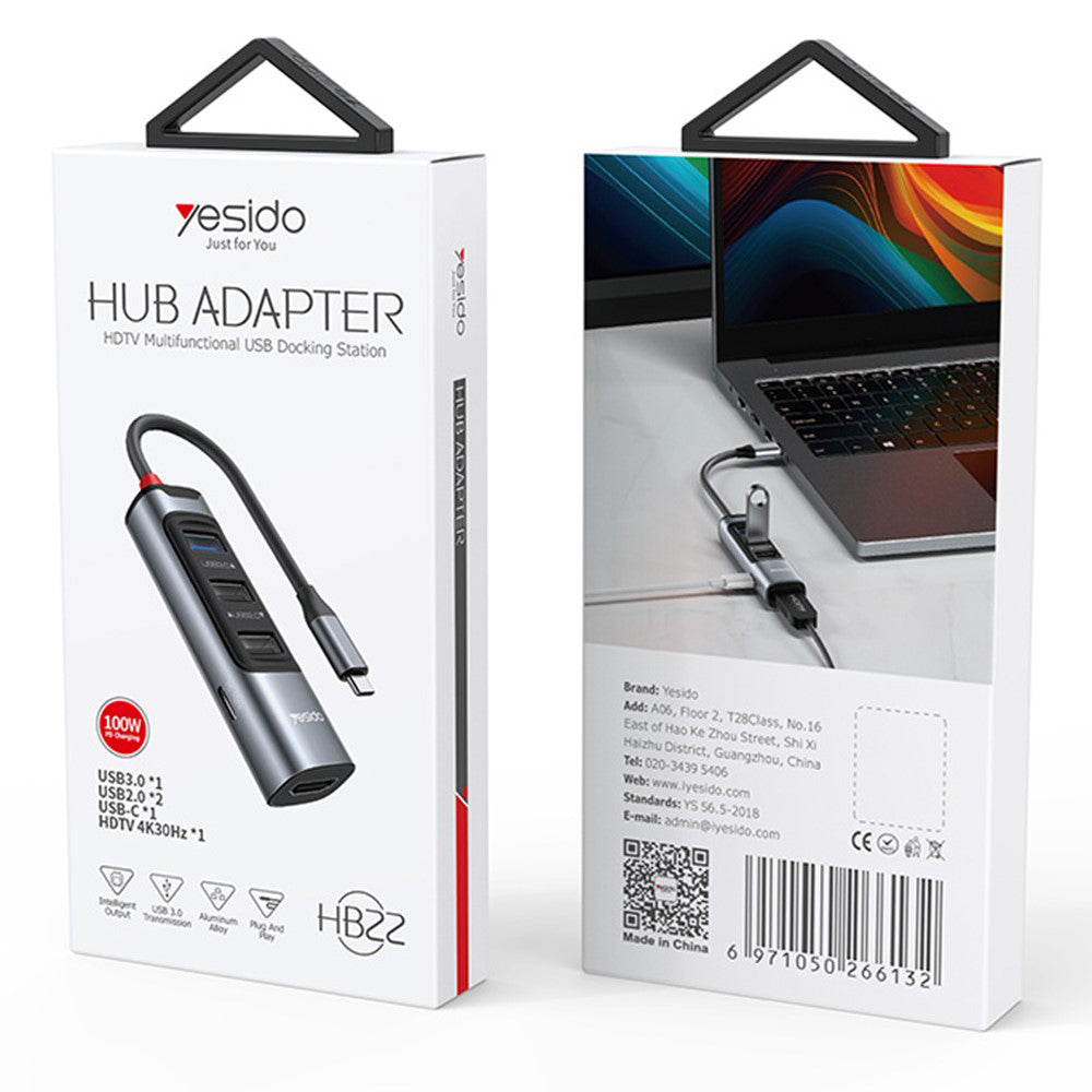 USB-C хъб Yesido HB22, 5в1, Сив