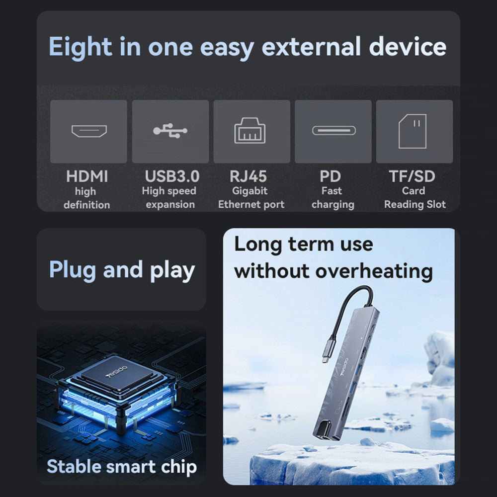 USB-C хъб Yesido HB27, 8в1, Сив