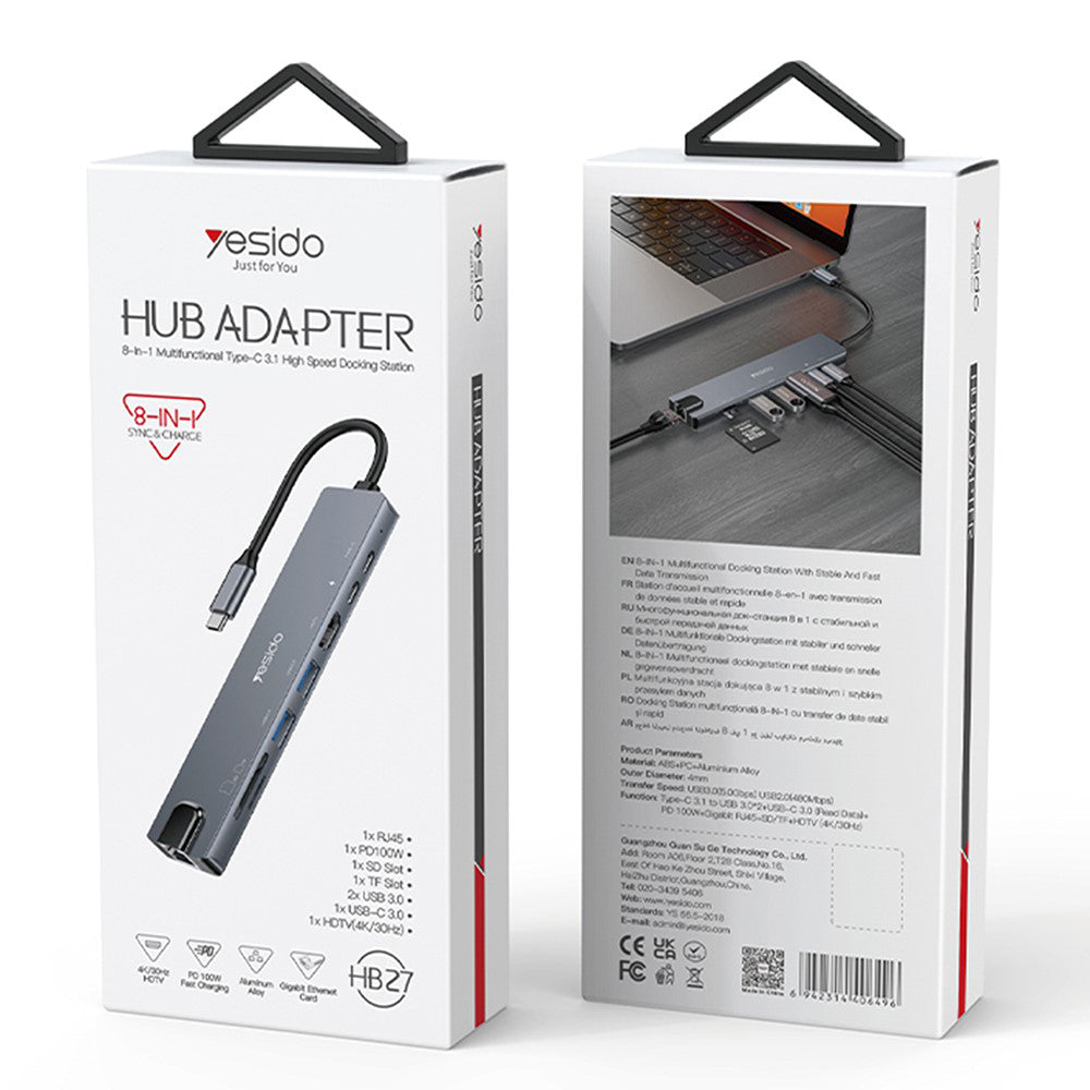 USB-C хъб Yesido HB27, 8в1, Сив