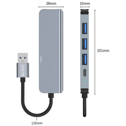 USB концентратор Tech-Protect V0, 3 x USB-A 3.0 - 1 x USB-A - 1 x USB-C, сив