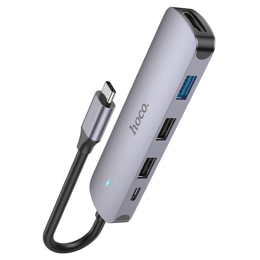 USB-C хъб HOCO HB27, USB-A 3.0 - 2 x USB-A - USB-C - HDMI, Сив