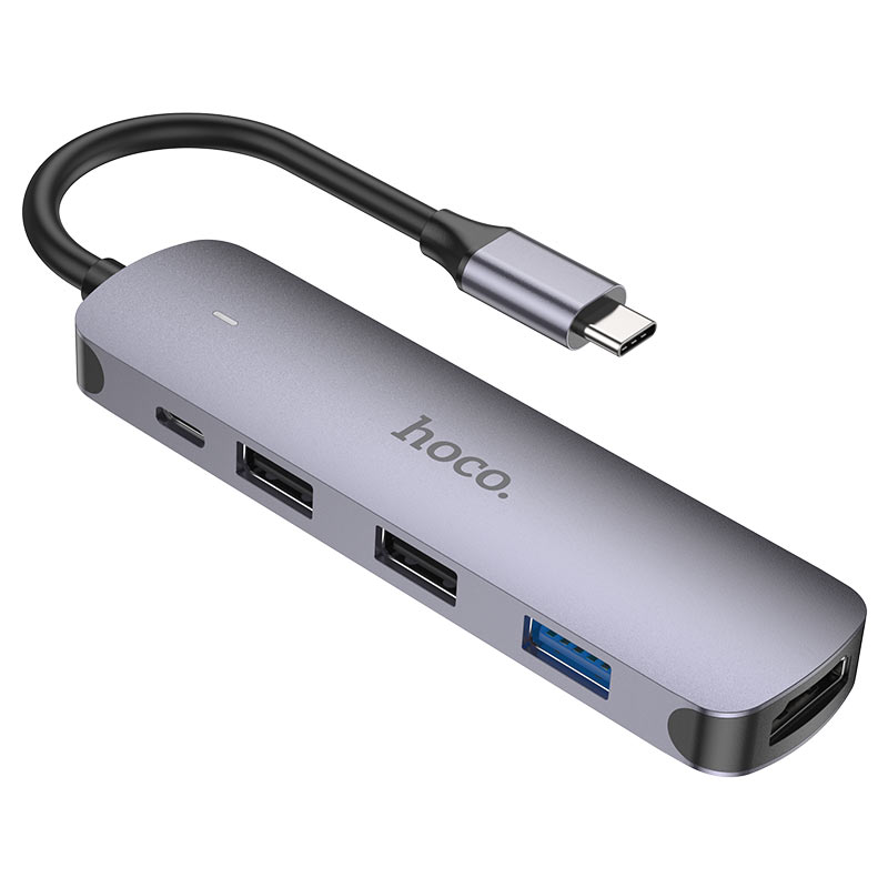 USB-C хъб HOCO HB27, USB-A 3.0 - 2 x USB-A - USB-C - HDMI, Сив