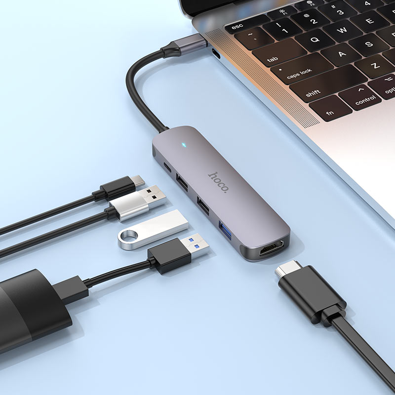 USB-C хъб HOCO HB27, USB-A 3.0 - 2 x USB-A - USB-C - HDMI, Сив