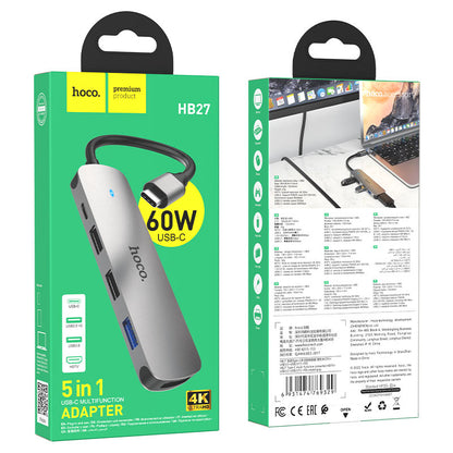 USB-C хъб HOCO HB27, USB-A 3.0 - 2 x USB-A - USB-C - HDMI, Сив