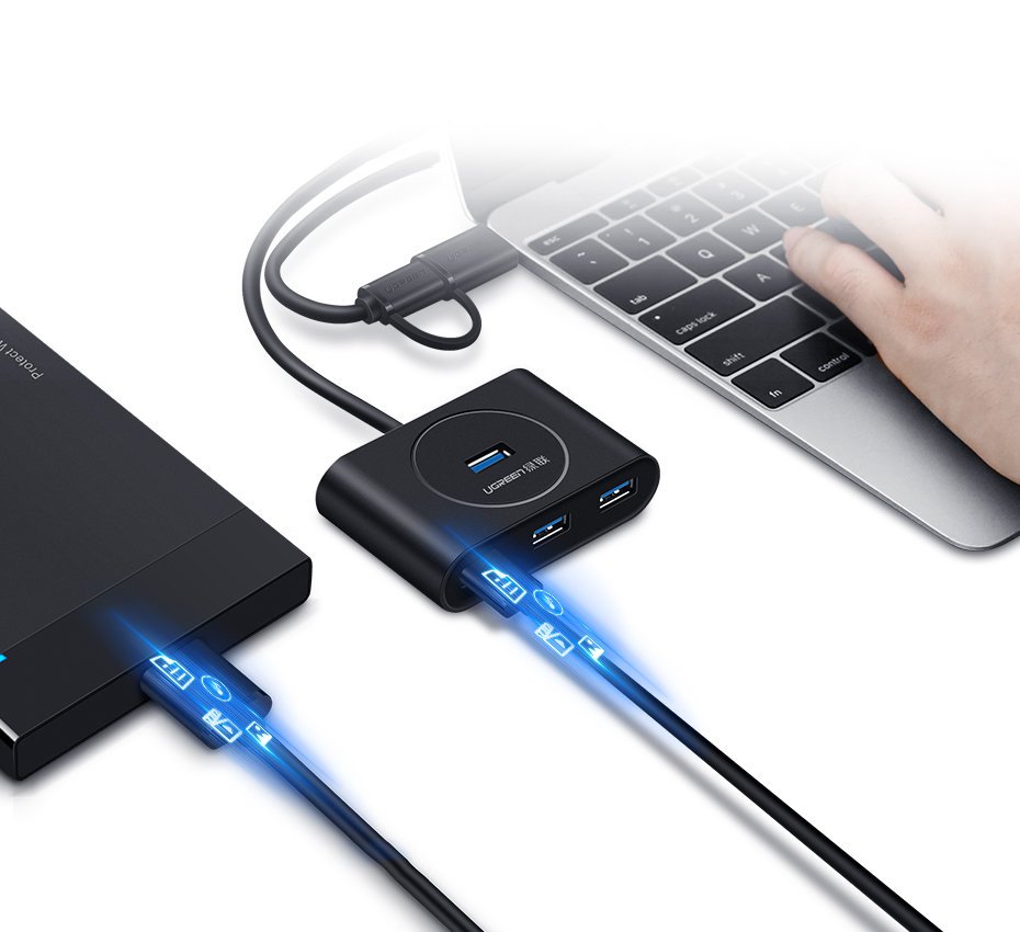 Hub USB UGREEN CR113, 4 x USB-A 3.0, 1m, Черен