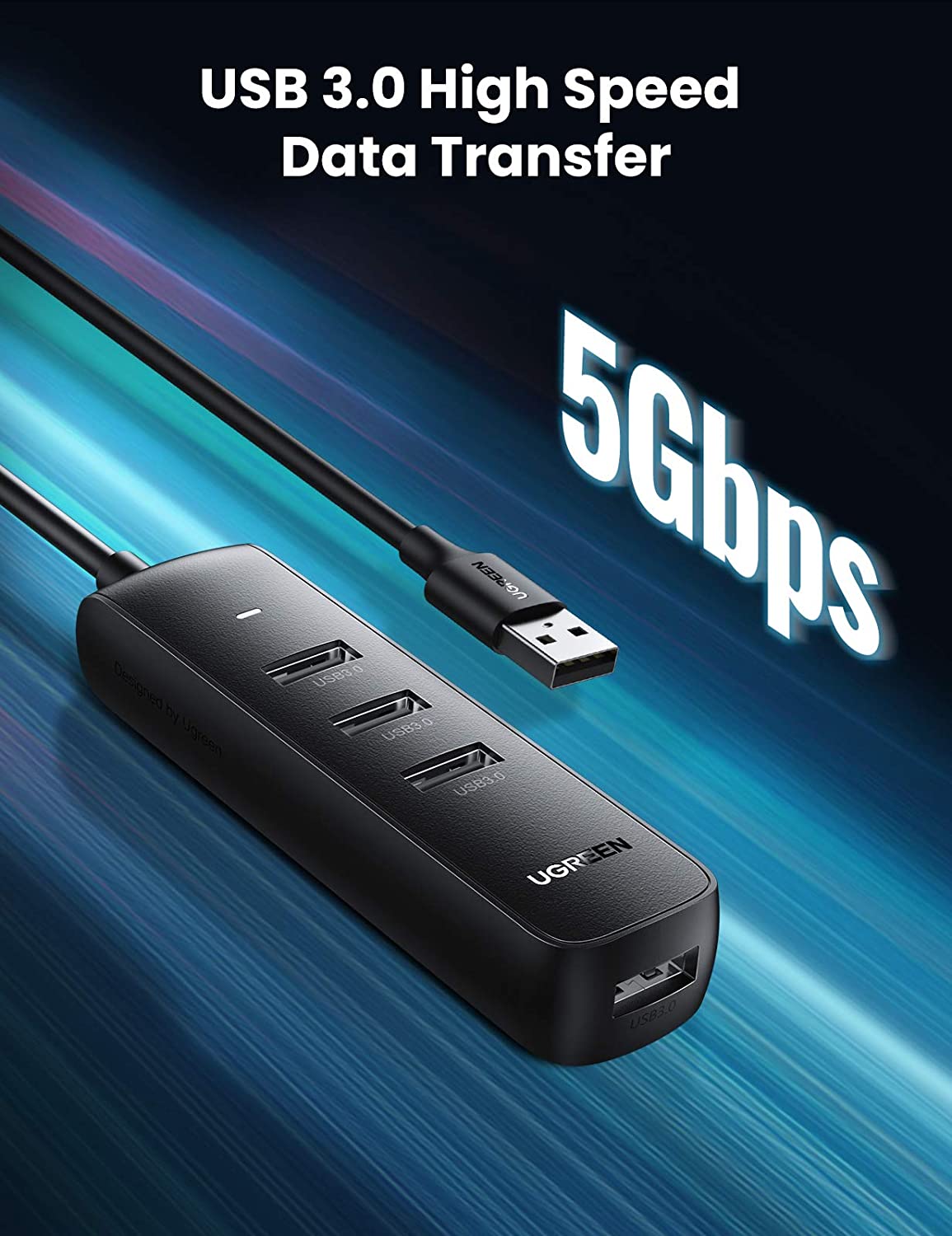Hub USB UGREEN CM416, 4 x USB-A 3.0, 1m, Черен