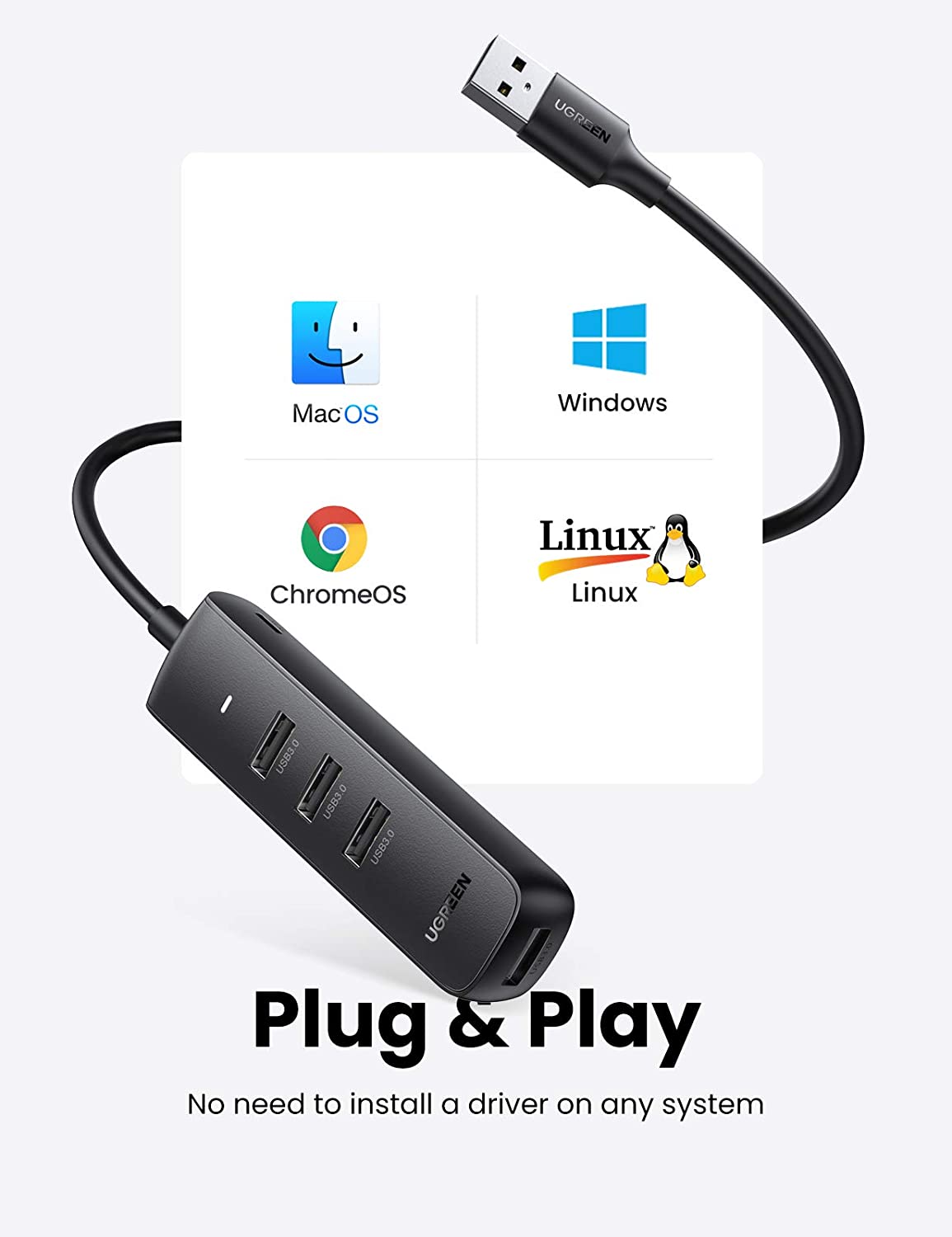 Hub USB UGREEN CM416, 4 x USB-A 3.0, 1m, Черен