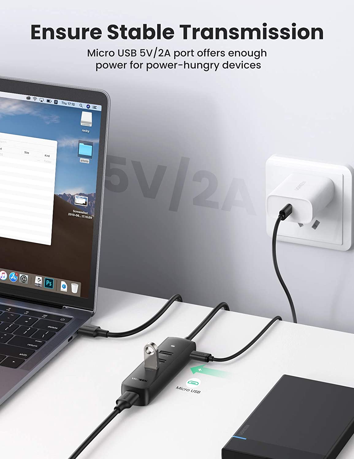 Hub USB UGREEN CM416, 4 x USB-A 3.0, 1m, Черен