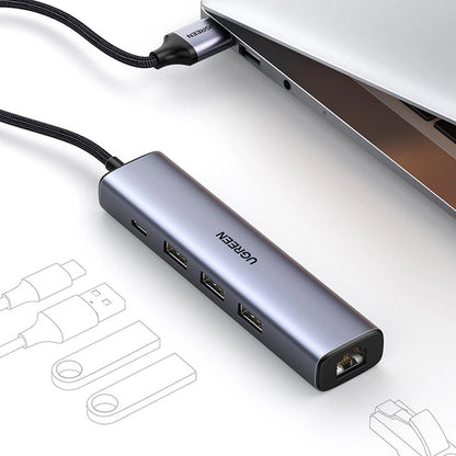 Hub USB UGREEN CM475, 3 x USB-A 3.0 - 1 x USB-C - 1 x RJ45, Gri