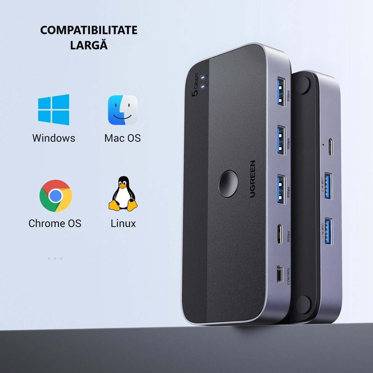 Hub USB UGREEN CM662, 3 x USB-A 3.0 - 1 x USB-C - 1 x miniUSB, Черен