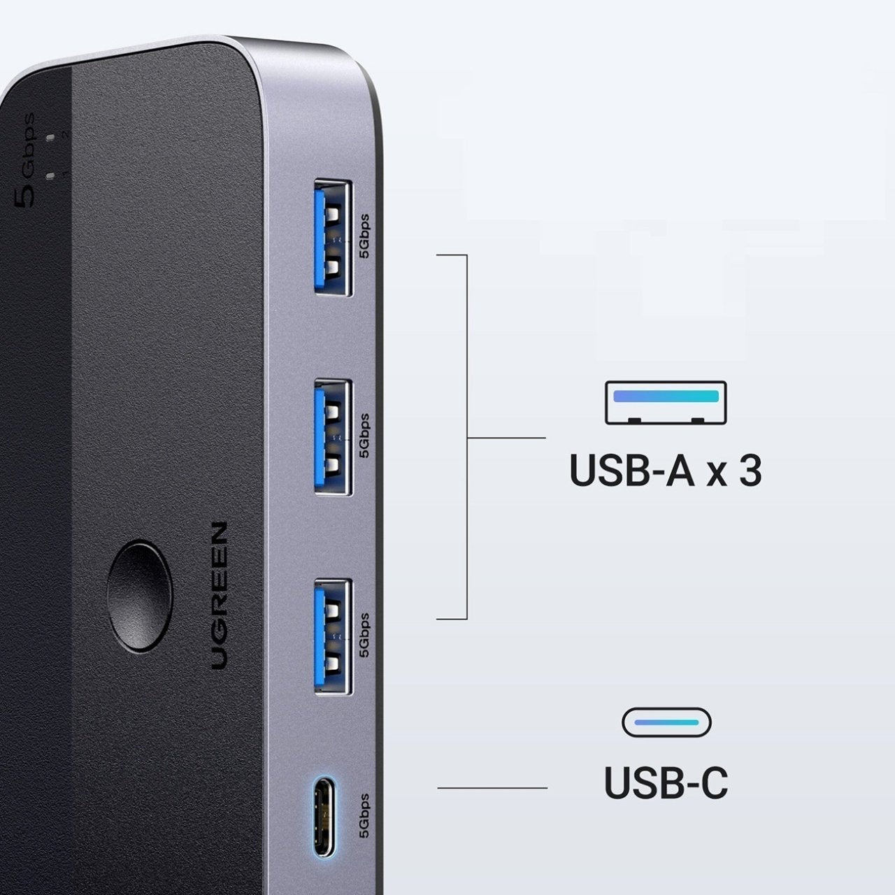 Hub USB UGREEN CM662, 3 x USB-A 3.0 - 1 x USB-C - 1 x miniUSB, Черен