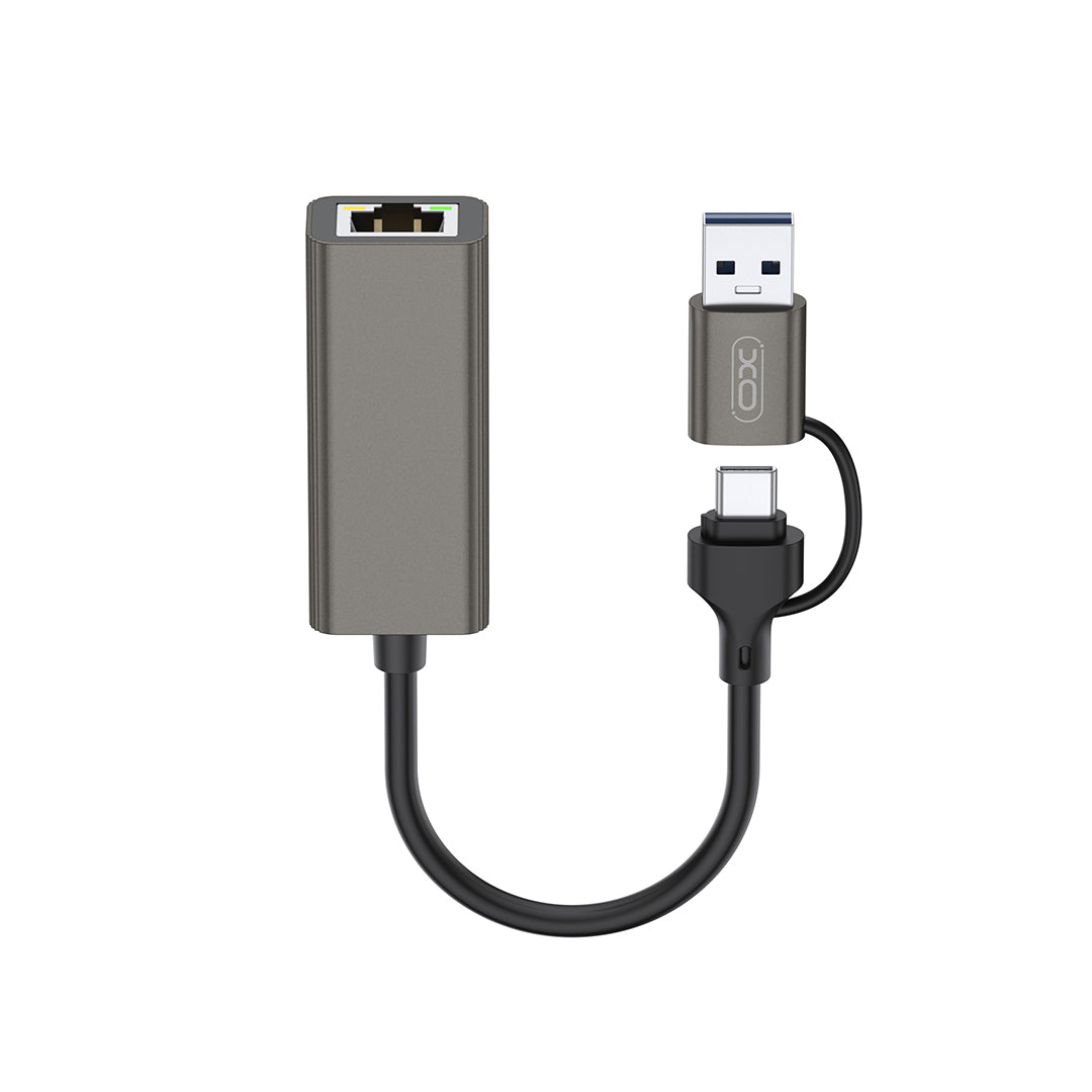 XO Design HUB018 Network Card, RJ45, USB-C / USB, Grey