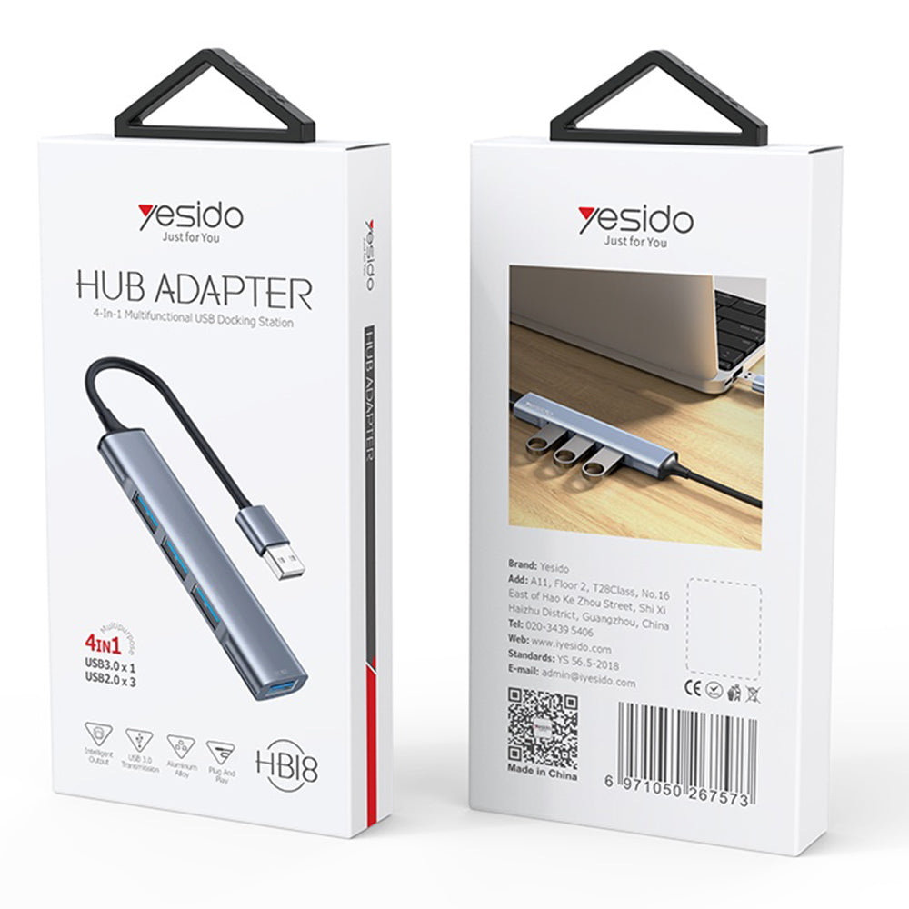 USB хъб Yesido HB18, 4в1, Сив
