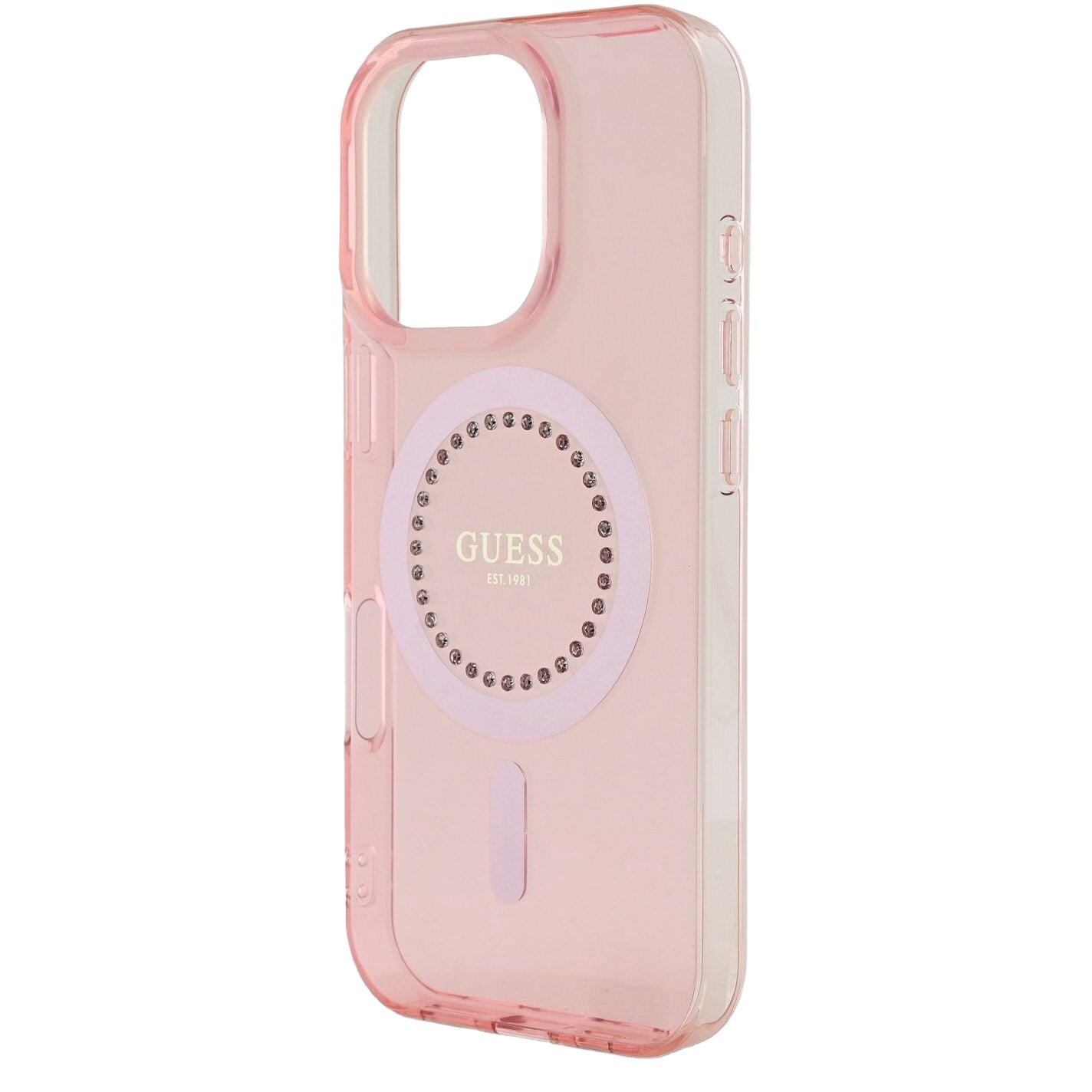 Калъф MagSafe за Apple iPhone 16 Pro Max, Guess, IML Rhinestones Ring, Розов GUHMP16XPFTDTEP