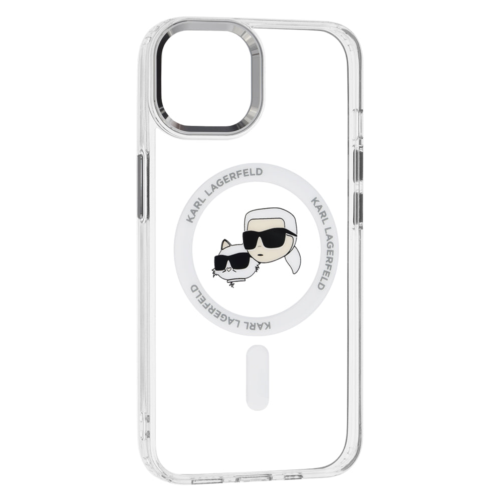 Калъф MagSafe за Apple iPhone 14, Karl Lagerfeld, IML Metal Karl & Choupette's Heads, Бял