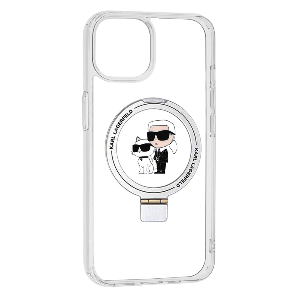 Калъф MagSafe за Apple iPhone 14, Karl Lagerfeld, Ring Stand Karl & Choupette, Бял