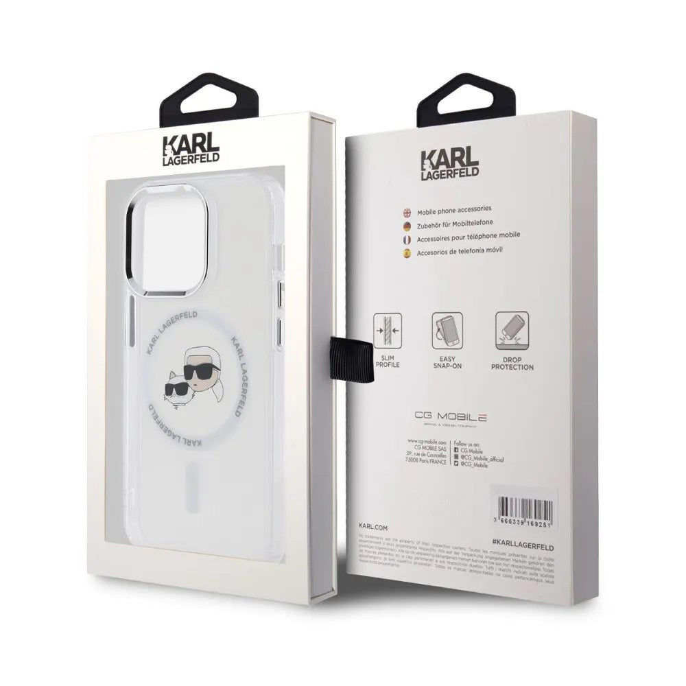 Калъф MagSafe за Apple iPhone 14 Pro, Karl Lagerfeld, IML Metal Karl & Choupette's Heads, Бял