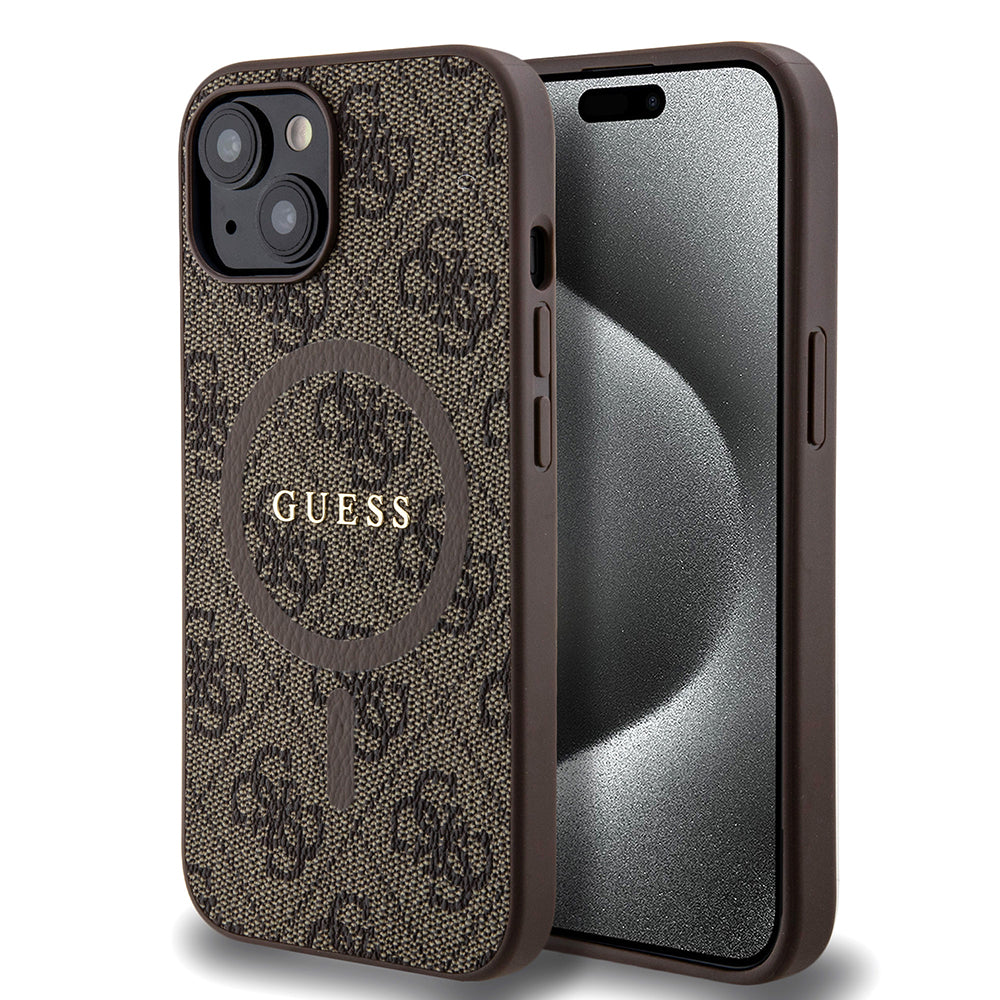 Калъф MagSafe за Apple iPhone 15, Guess, 4G Collection, Кафяв