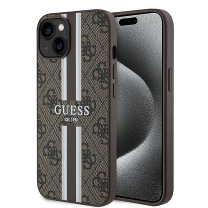 Калъф MagSafe за Apple iPhone 15, Guess, 4G Printed Stripes, Кафяв