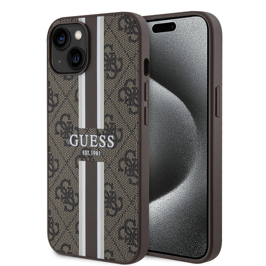 Калъф MagSafe за Apple iPhone 15, Guess, 4G Printed Stripes, Кафяв