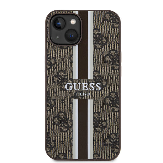 Калъф MagSafe за Apple iPhone 15, Guess, 4G Printed Stripes, Кафяв