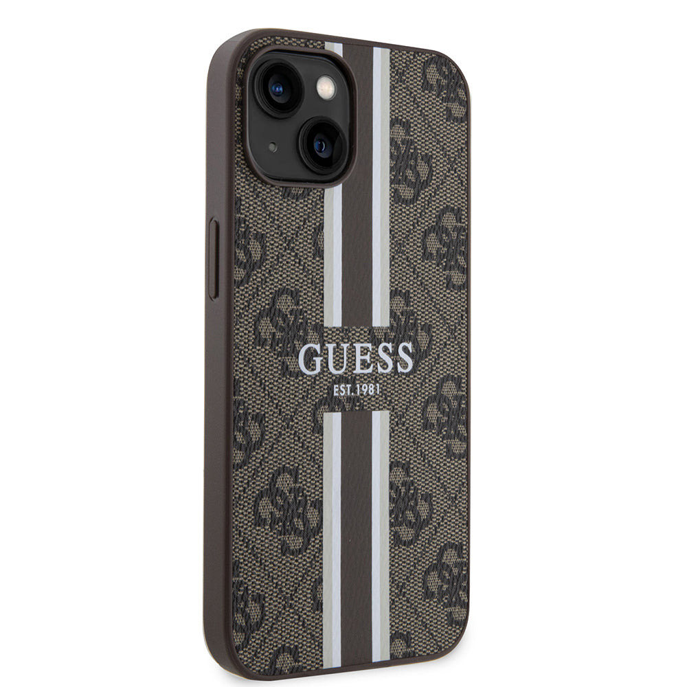 Калъф MagSafe за Apple iPhone 15, Guess, 4G Printed Stripes, Кафяв