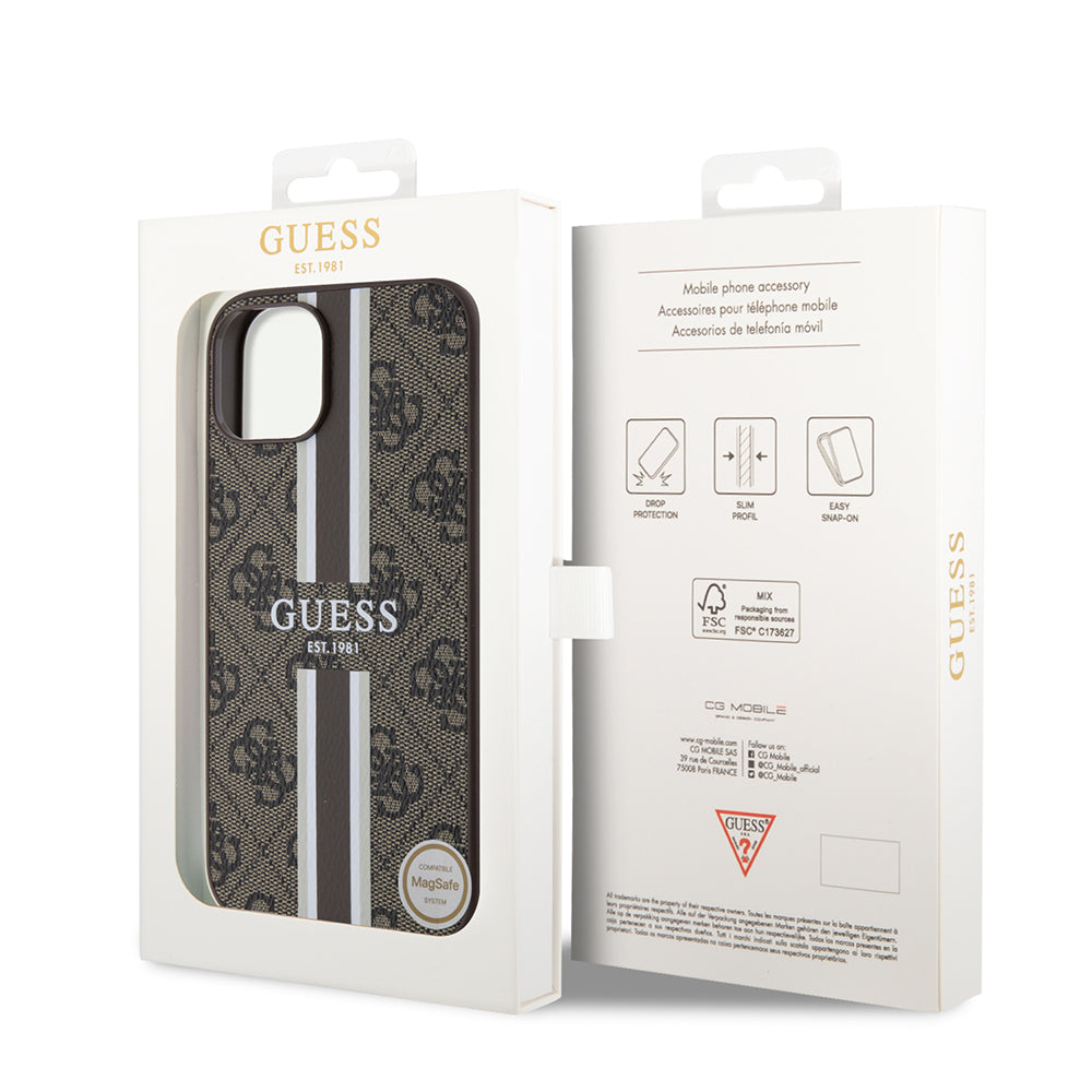 Калъф MagSafe за Apple iPhone 15, Guess, 4G Printed Stripes, Кафяв