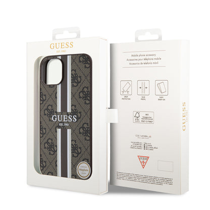 Калъф MagSafe за Apple iPhone 15, Guess, 4G Printed Stripes, Кафяв