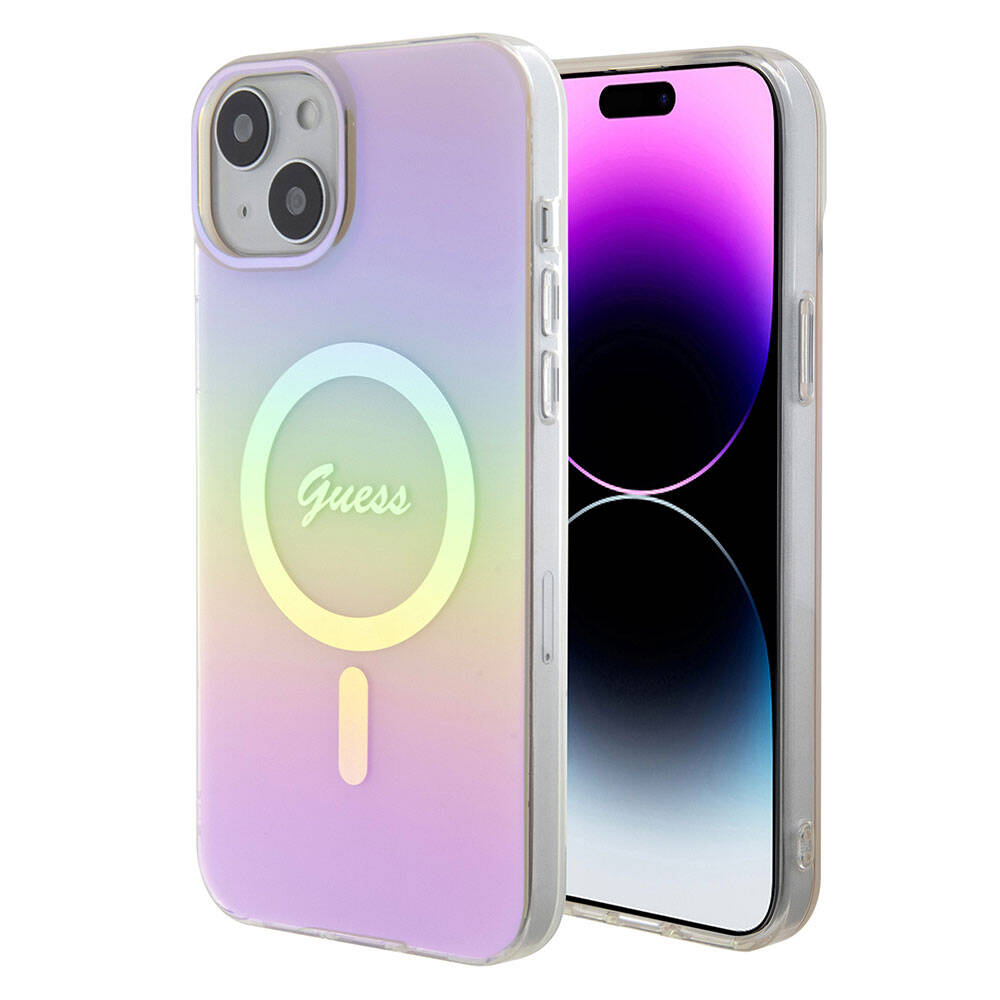 Калъф MagSafe за Apple iPhone 15, Guess, IML Iridescent Script, Розов GUHMP15SHITSP