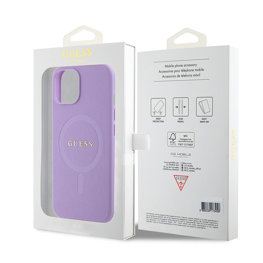 Калъф MagSafe за Apple iPhone 15, Guess, Saffiano, Лилав