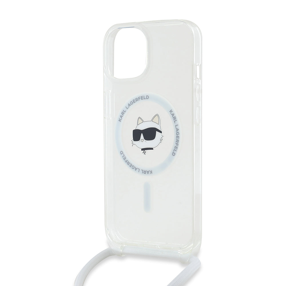 Калъф MagSafe за Apple iPhone 15, Karl Lagerfeld, IML Crossbody Choupette's Head with Strap, Прозрачен