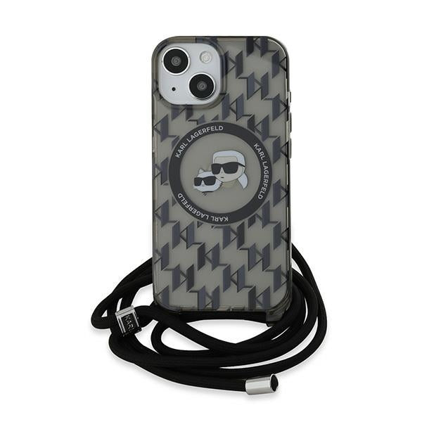 Калъф MagSafe за Apple iPhone 15, Karl Lagerfeld, IML Crossbody Monogram Karl & Choupette's Heads, Черен