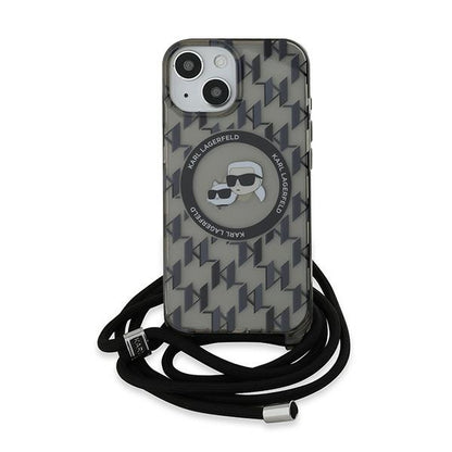 Калъф MagSafe за Apple iPhone 15, Karl Lagerfeld, IML Crossbody Monogram Karl & Choupette's Heads, Черен