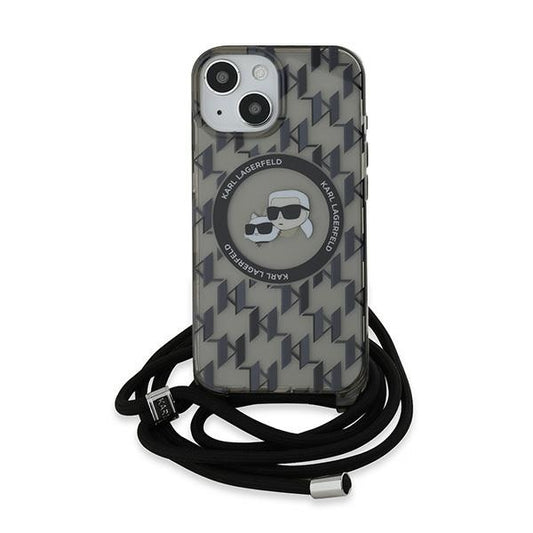 Калъф MagSafe за Apple iPhone 15, Karl Lagerfeld, IML Crossbody Monogram Karl & Choupette's Heads, Черен