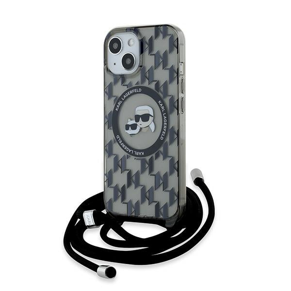 Калъф MagSafe за Apple iPhone 15, Karl Lagerfeld, IML Crossbody Monogram Karl & Choupette's Heads, Черен