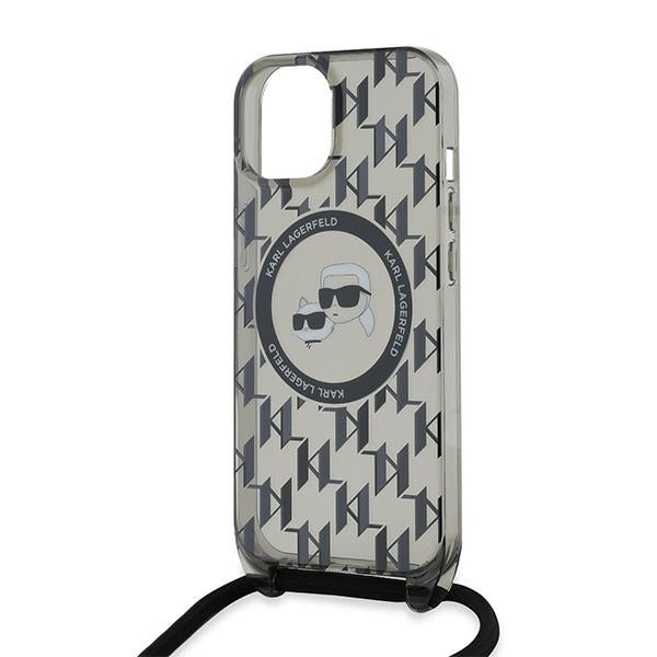 Калъф MagSafe за Apple iPhone 15, Karl Lagerfeld, IML Crossbody Monogram Karl & Choupette's Heads, Черен